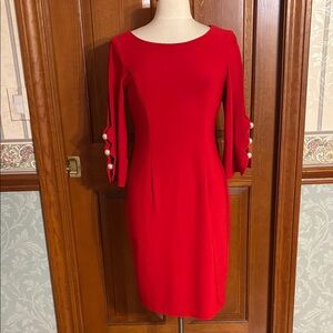 Joseph Ribkoff Red Dress with Pearl Sleeve Details. Women’s size 8